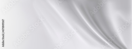 White silk fabric surface with liquid ripples and folds effect. Realistic vector background of light gray satin cloth texture with waves. Grey smooth and soft drapery material or milk cream top.