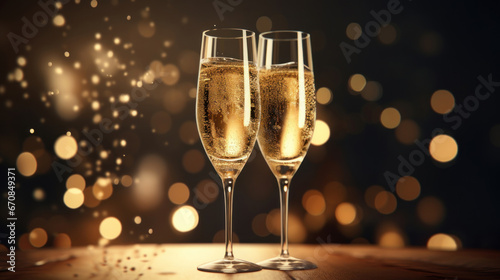 A two glass of sparkling wine on a golden confetti on blur festive background