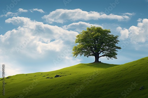 Tranquil solitude. Green landscape with trees and sunny meadows. Nature serenity. Peaceful tree lined meadow under clear sky. Rural tranquility. Sunlit with verdant and fields