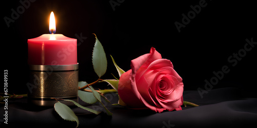 a candle and a rose on a black background, advertising banner, web banner, Place for your text, copy space, empty space, Generative AI