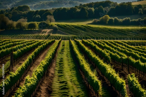 A distant winery and rows of grapevines in a vineyard.