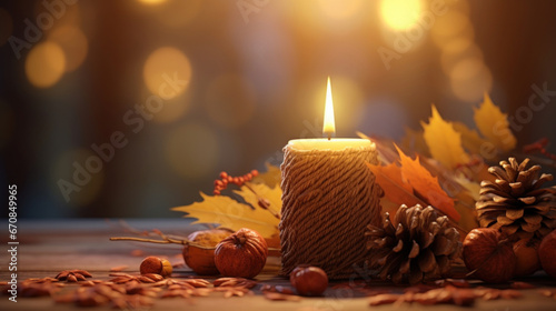 Burning candle on a wooden table with fall decoration © tashechka
