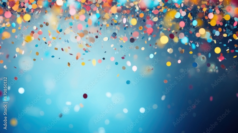 A festive and colorful party with flying neon confetti on a blue background A festive and colorful party with flying neon confetti on a blue background