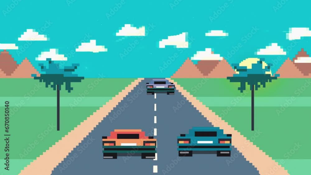 2D retro video game racing. Nostalgia Retro Vibe. Imitation of an old video game animation. Seamless loop.