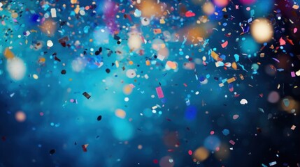 A festive and colorful party with flying neon confetti on a blue background