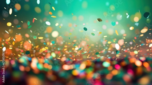 A festive and colorful party with flying neon confetti on a green background