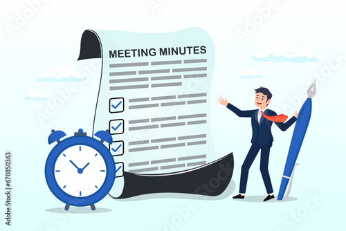 Businessman writing meeting minutes with alarm clock, meeting minutes, lecture summary or meeting conclusion document, effective writing for discussion plan, note or information report (Vector)