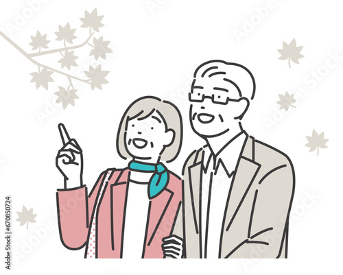 観光名所を旅行をするシニア夫婦のベクターイラスト素材／夫婦／旅行