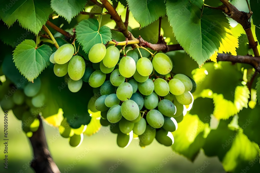 A cluster of green grapes in a vineyard, suspended from a vine.