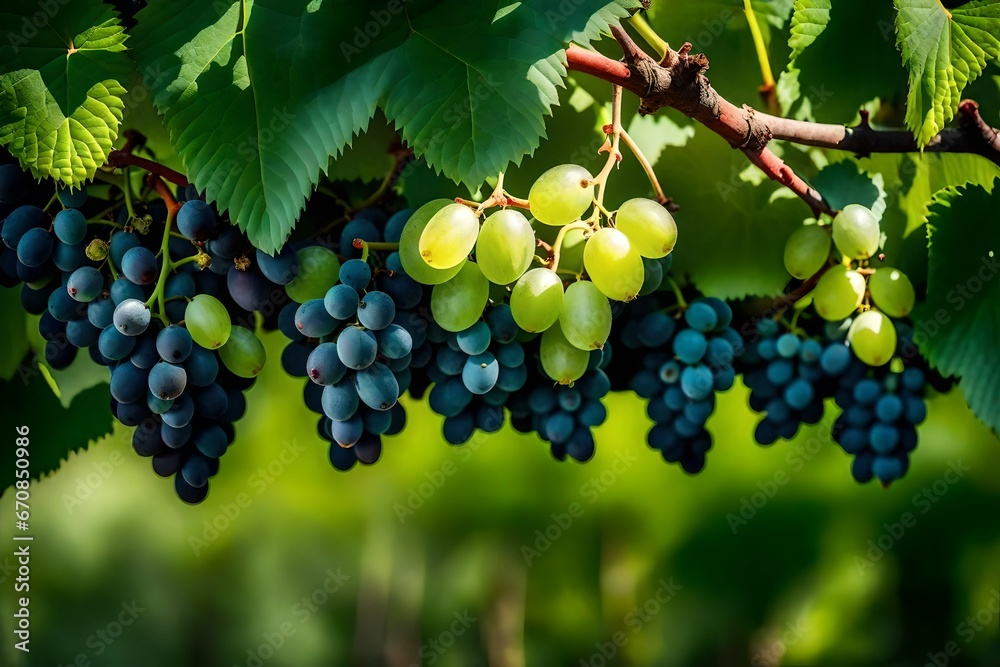 In a vineyard, a cluster of green grapes hanging from a vine. - obrazy, fototapety, plakaty 