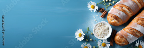 bread and flowers on a blue background, advertising banner, web banner, Place for your text, copy space, empty space, Generative AI