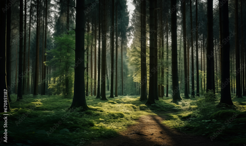 Obraz premium a detailed photo showing photo beautiful shot of a forest with tall green trees