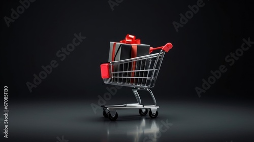 Shopping cart with black gift box on black background. Black Friday concept