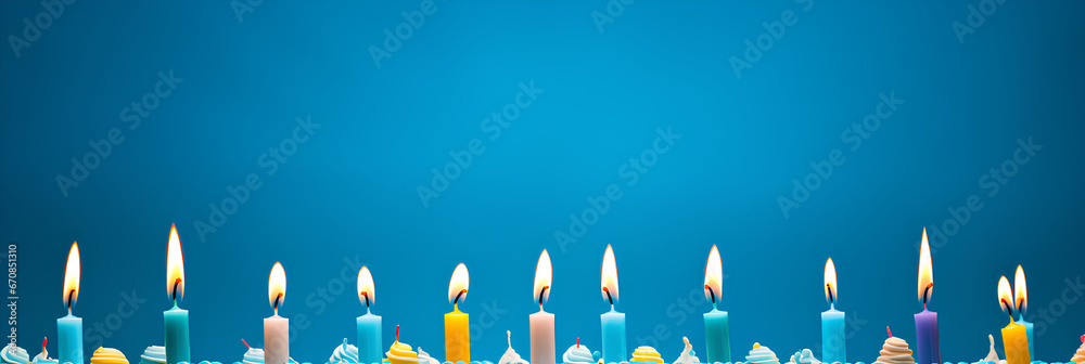Fototapeta premium Close-up of candles against dark blue background, advertising banner, web banner, Place for your text, copy space, empty space, Generative AI