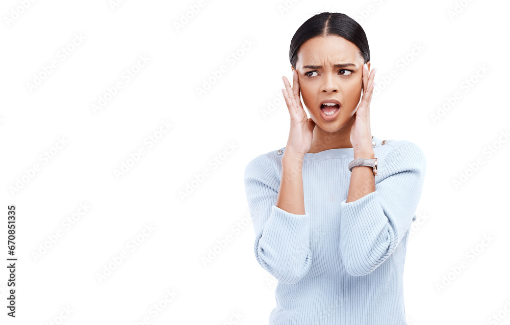 News announcement, upset and woman shocked with notification, advertising and react to mistake, crisis or problem. Surprise, WTF and person gasp at gossip info isolated on transparent, png background News announcement, upset and woman shocked with notification, advertising and react to mistake, crisis or problem. Surprise, WTF and person gasp at gossip info isolated on transparent, png background