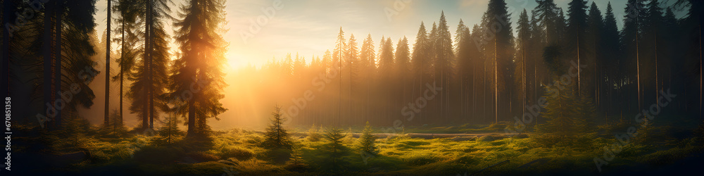 Naklejka premium sunlight behind spruce forest background