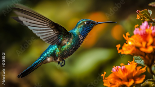 Close Up Of Blue Flying Hummingbird Flapping Its Wings And Drinking Nectar From Beautiful Flowers - Generative AI