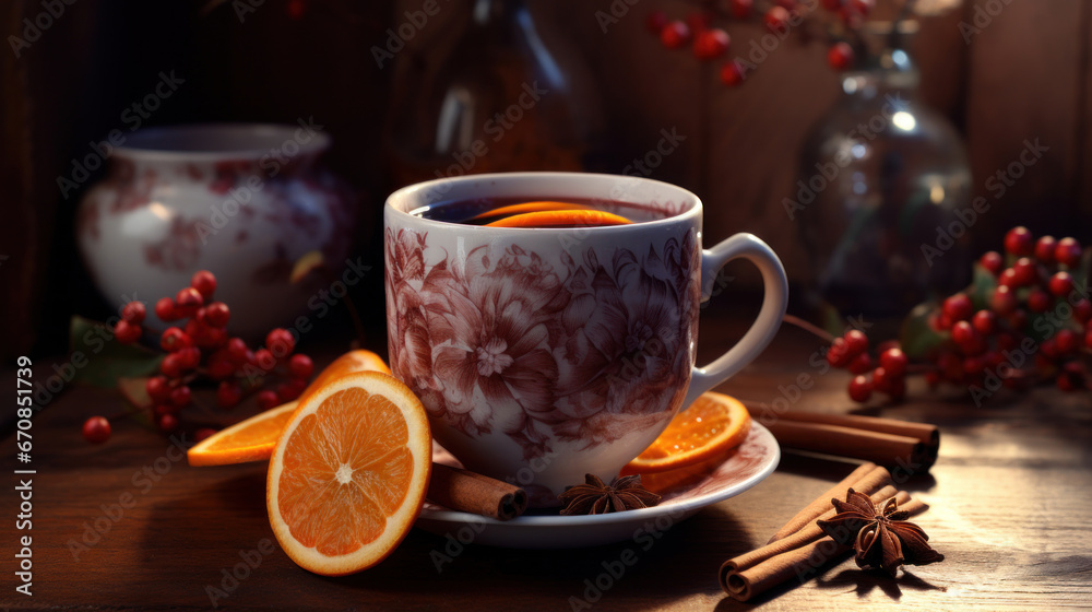 Fototapeta premium A cup of mulled wine with oranges and cinnamon.
