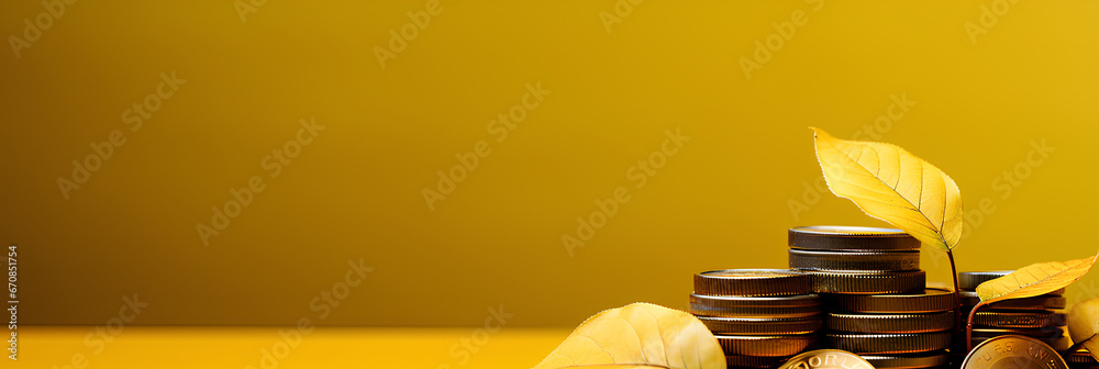 golden tree with coins on a yellow background, financial concept, advertising banner, web banner, Place for your text, copy space, empty space, Generative AI - obrazy, fototapety, plakaty 