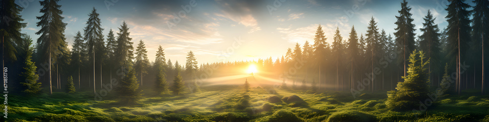 Naklejka premium sunlight behind spruce forest background