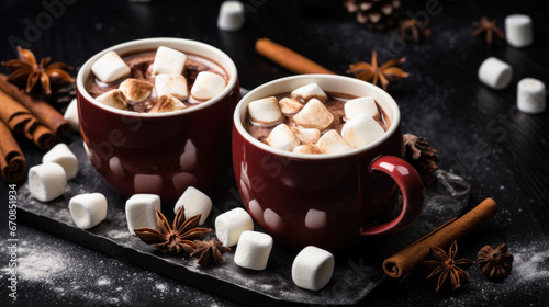 Two cups of hot chocolate with marshmallows photo