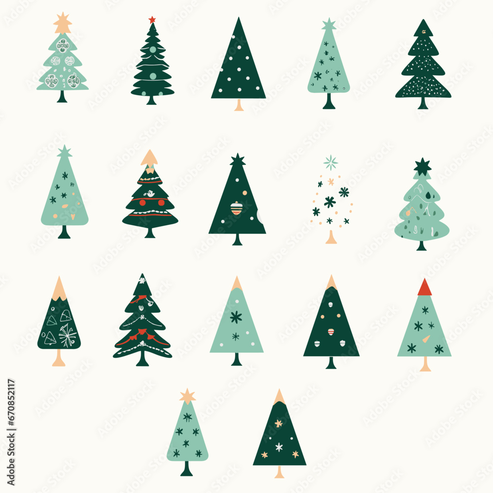 Christmas Hand drawn Christmas trees vector pattern. Christmas tree boho . Green fir trees. Winter holiday flat illustration