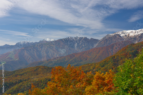 白馬連峰と鹿島槍ヶ岳、爺ヶ岳を望む栂池高原の三段紅葉