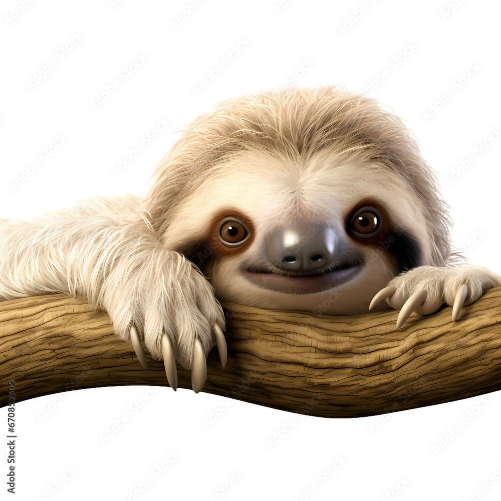 Fototapeta premium Sloth lying in tree on transparent background