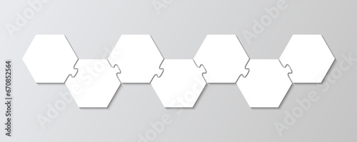 Jigsaw puzzle infographics with 7 steps. Business presentation info graphic. Hexagon business chain infographic. Process diagram with pieces, parts. Puzzle hexagonal grid. Vector illustration