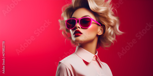 Portrait of beautiful young woman wearing sunglasses on pink background  advertising banner  web banner  Place for your text  copy space  empty space  Generative AI