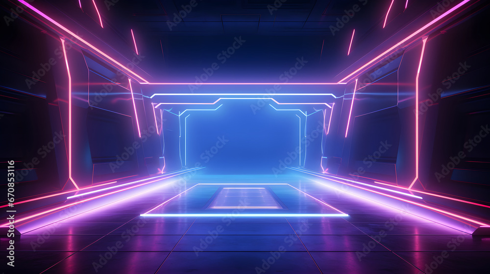 Empty stage with scenic light effect. Concert theater and stage setup lit by colored neon spotlights
