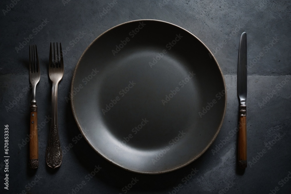 Top view of an empty plate with cutlery on a dark concrete background. Generative Ai. Top view of an empty plate with cutlery on a dark concrete background. Generative Ai.