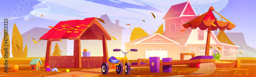 Autumn playground for children. Vector cartoon illustration of house yard with sandbox under parasol, tricycle, seesaw, wooden hut for kids, yellow foliage from trees flying in air, rural neighborhood