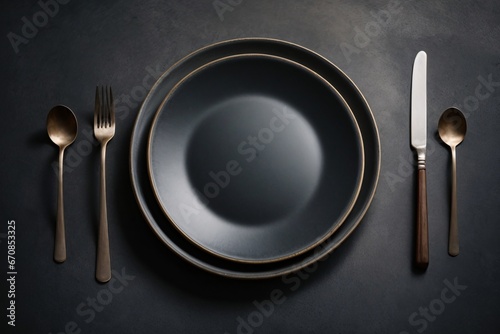 Top view of an empty plate with cutlery on a dark concrete background. Generative Ai.
