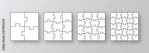 Puzzle grid collection. Set of different sizes jigsaw outline templates. Simple mosaic layout with separate shapes. Modern background. Puzzle laser cut frames. Vector illustration.