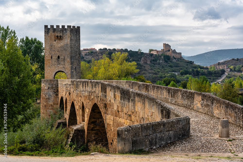Medieval stone bridge that spans over the river that runs through the village of Frias, Burgos, Spain.