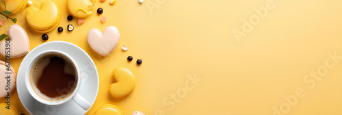 Valentine's Day concept with coffee cup, heart shape, and macaroons on a yellow background, advertising banner, Place for your text, copy space, empty space, Generative AI