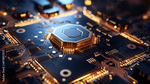 Closeup hardware background of motherboard. Circuit cpu microchip digital. Ai generative illustration photo