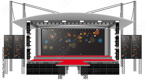 red stage and speaker with led screen on the truss system on the white background	
