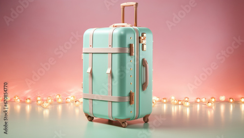 Christmas scene with suitcase beside christmas tree lights and gift boxes. Creative new year holiday concept
