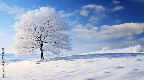  冬の風景、空と雪の積もる木、自然の景色