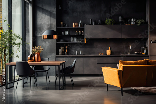 Luxury kitchen interior design with black walls, concrete floor, dark wooden countertops, black cupboards and dining table with black chairs
