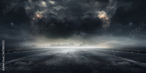 empty space road with storm clouds lightning in the sky, mock up place. Landing page concept, dark sky and dramatic black clouds before the rain. AI Generative