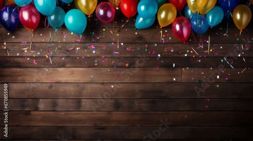 Colorful carnival or party balloons, streamers and confetti on rustic grunge wood planks with copy space