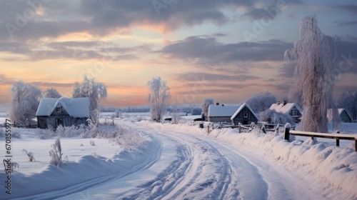 A small, cozy, homely house in a village surrounded by a snow-covered landscape of beautiful nature and winter.