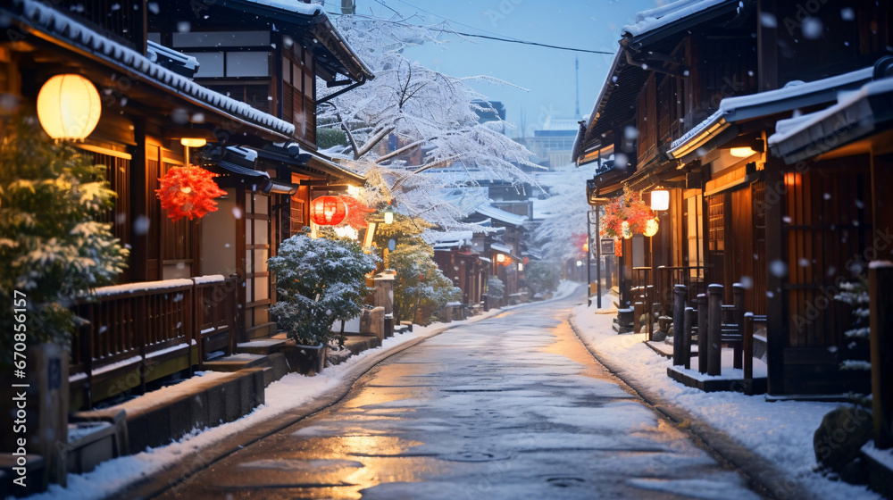 雪景色、日本的な古都の冬の風景