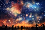 Silhouettes of people celebrating new year with fireworks background
