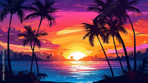 Sunset with palm trees colourful background © ASAD