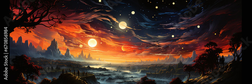 An abstract background image featuring the vast universe with stars, planets, and galaxies, presented in a banner format. This surreal illustration offers a cosmic journey.