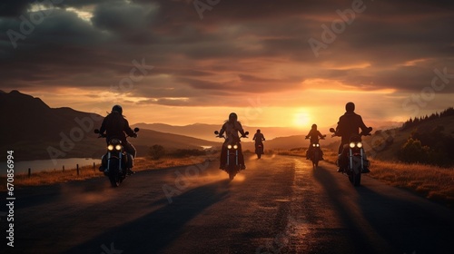 group of friends riding toghether at sunset group of motorcycle